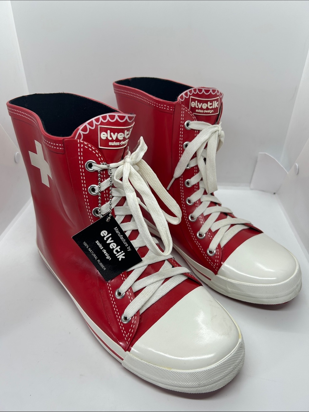 Elvetik Swiss Design Rubber Lace Up Rain Boots Women 9 Red Waterproof Galoshes
